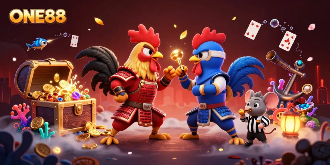 Engage with the ONE88 casino experience, featuring a dramatic showdown between samurai and ninja roosters.