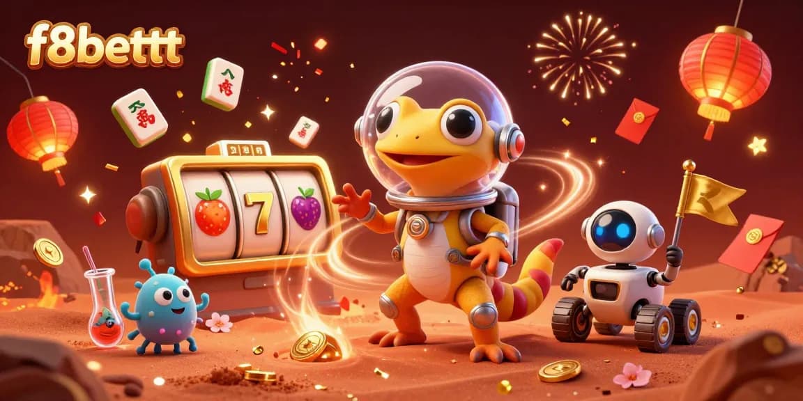 Join the fun at f8bettt with a Martian gecko in a golden casino surrounded by vivid slot elements.