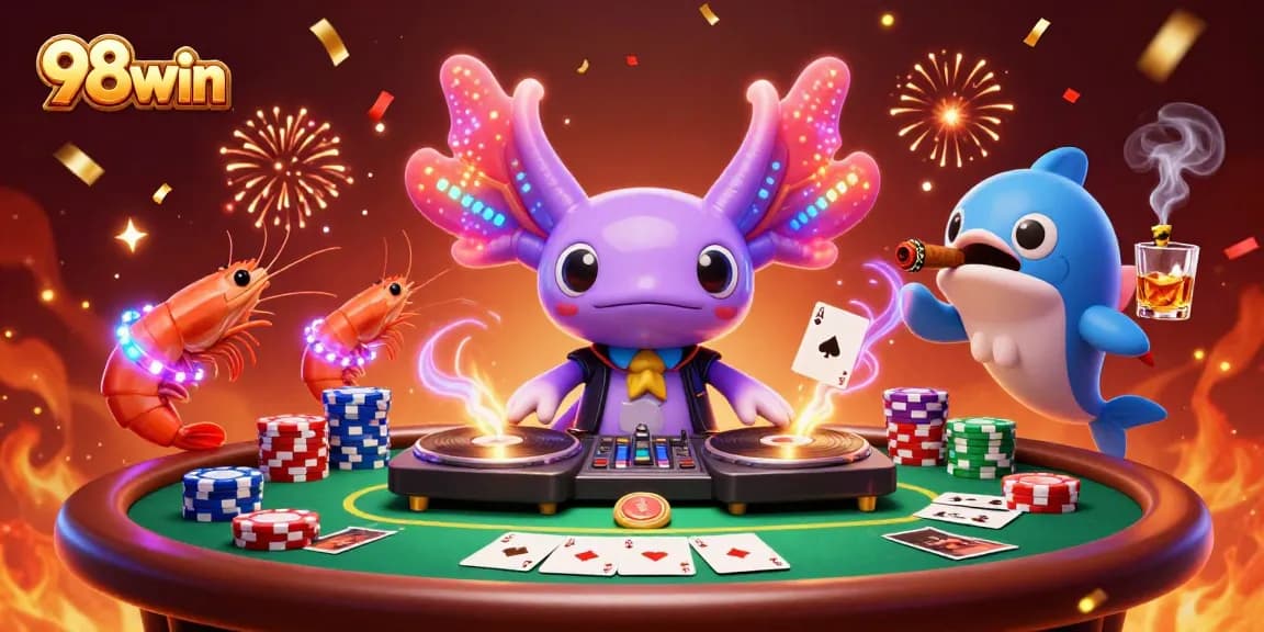 Experience the vibrant energy of 98win casino through a dynamic 3D illustration with lively characters.