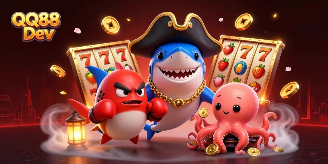 Join the fun at QQ88 Dev with an exciting pirate-themed 3D casino scene featuring sharks and treasures!