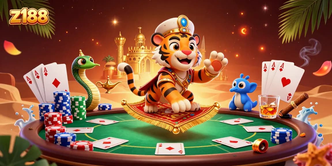 Experience thrilling games at z188, featuring vibrant casino elements like poker chips and a tiger sultan.