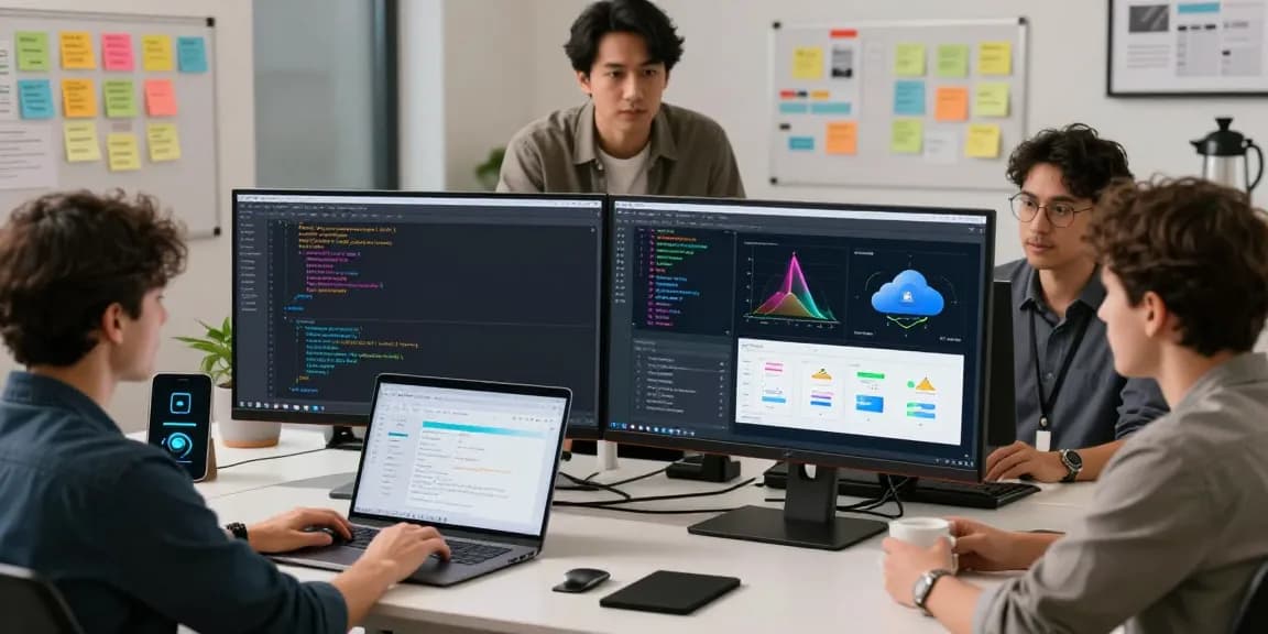 Gi8 software development tools enhancing productivity and cybersecurity protocols in a modern tech workspace.