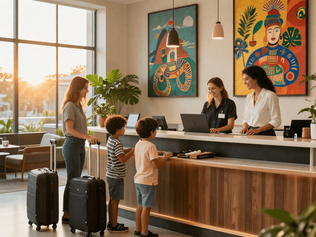 A family enjoying a warm welcome at the rokok88 Carter Hotel reception, emphasizing hospitality and modern design.