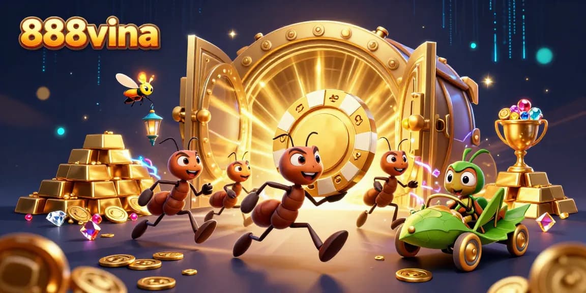 Experience thrilling heists with 888vina's giant poker chip and crew in this dynamic 3D scene.