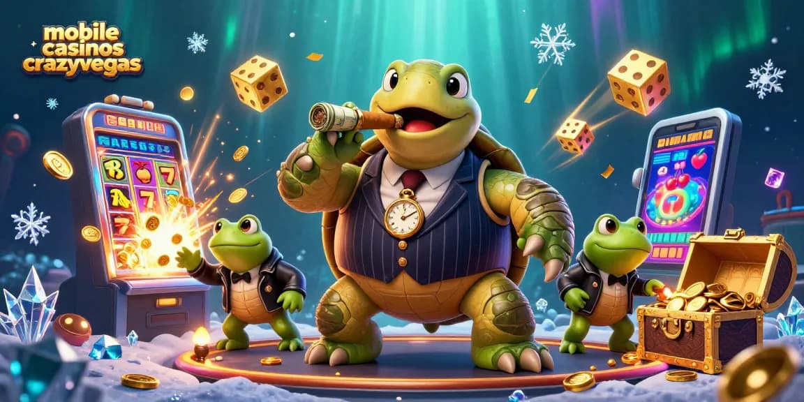 Play exciting games at mobile casinos crazyvegas featuring a snapping turtle in a mobster suit.