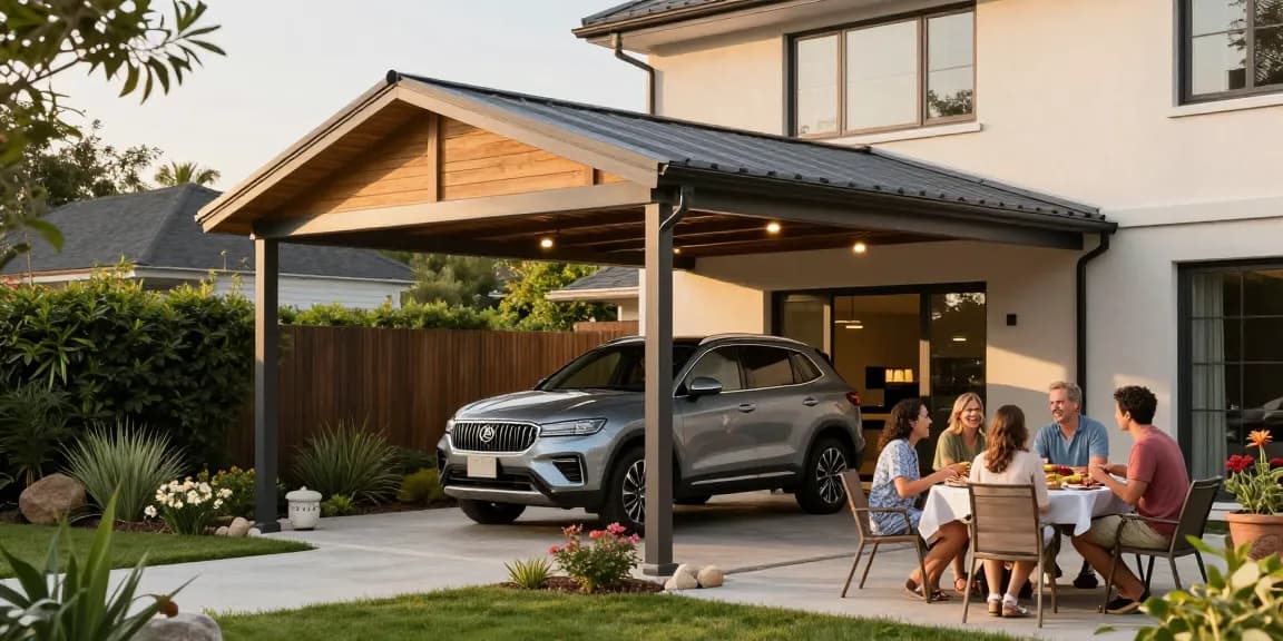 Wunderschöner Carport neben modernem Haus, Familie genießt Barbecue im Garten.