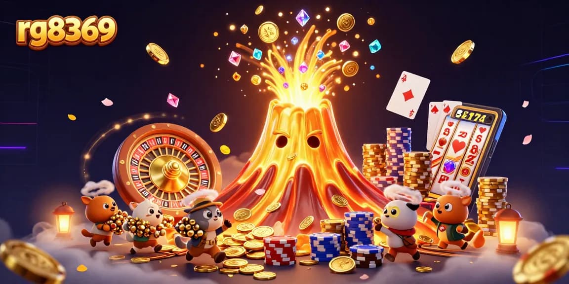 Win big with rg8369 as a golden volcano erupts treasures in a vibrant casino scene.