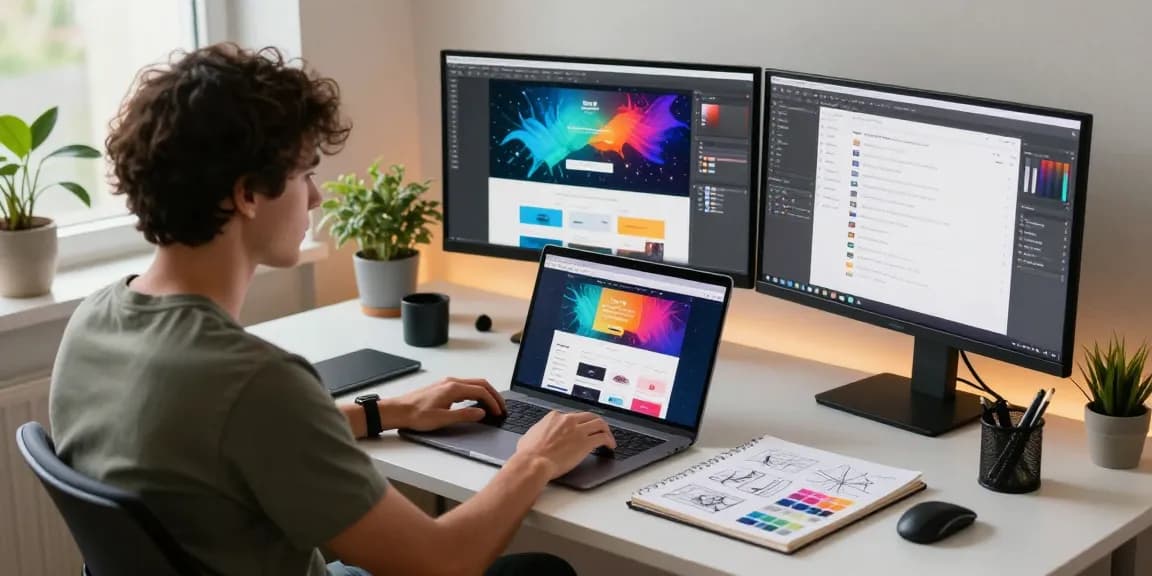 Webdesign-Freiberufler, der in einem stilvollen Arbeitsbereich an lebendigen Website-Mockups zusammenarbeitet.
