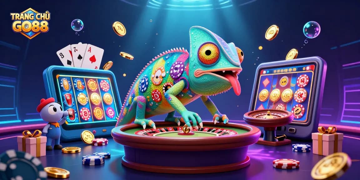 Engage with TRANG CHỦ GO88 - a vibrant chameleon casino owner in a colorful gambling scene with spinning reels and coins.