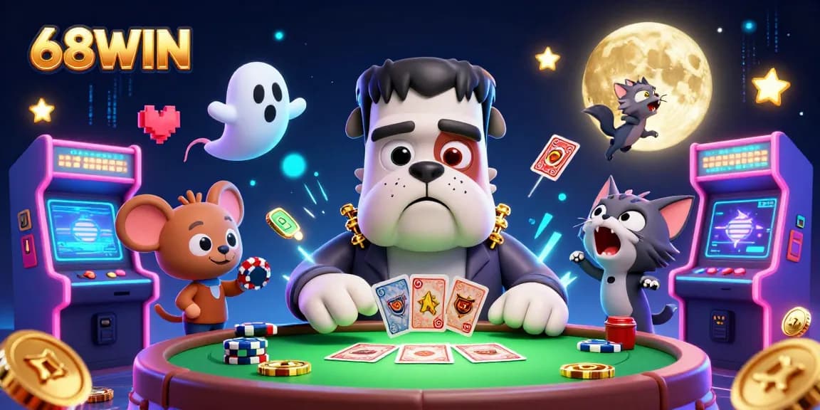 Experience the excitement of 68WIN with a 3D illustration of a fantasy casino scene featuring dynamic characters and game elements.