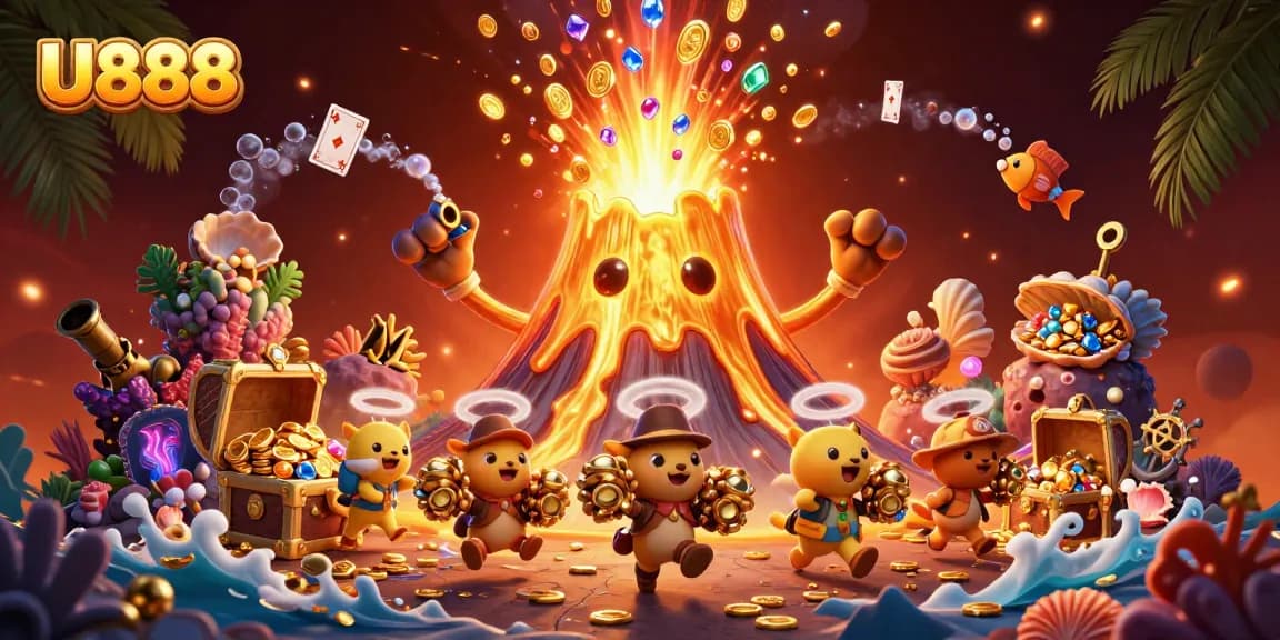 Experience thrilling wins at U888 with a golden volcano erupting treasure and adventurous explorers.