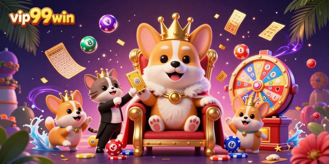 Experience excitement with vip99win's royal corgi and vibrant casino elements in a colorful scene.