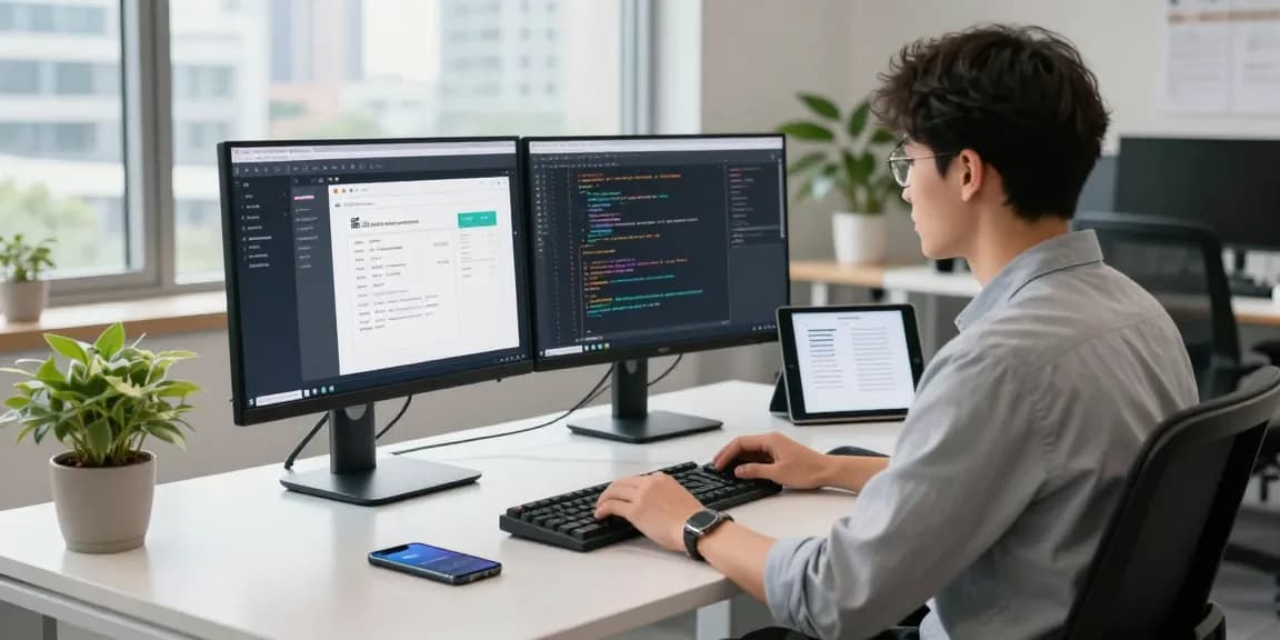 在明亮现代办公室环境中，年轻开发者使用迅果应用程序管理Apple账号。