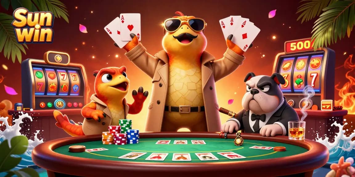 Engage with thrilling casino adventures at Sun win, featuring playful raptor characters in a vibrant 3D casino scene.