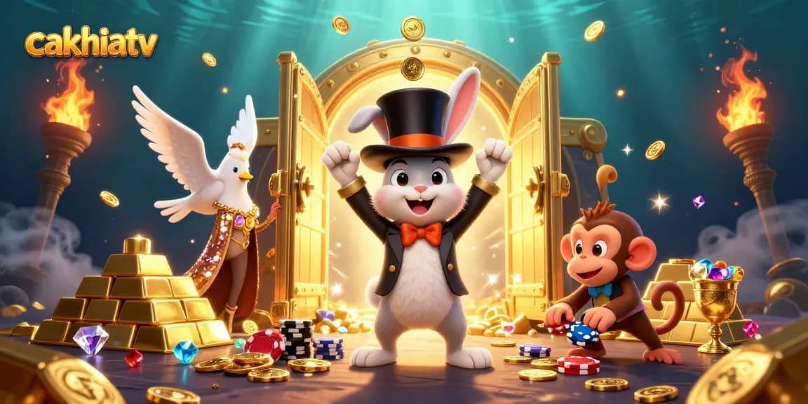 Cakhiatv showcases thrilling live sports betting and gaming with unique characters in a vibrant scene