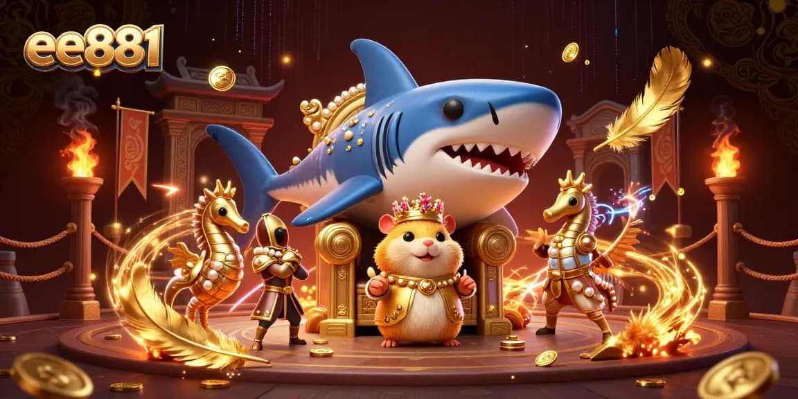 Witness the golden hamster king ruling the EE881 underwater casino realm amid shimmering treasures and dynamic game elements.