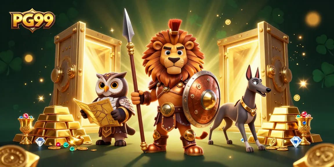 Experience exciting wins at PG99 with a strategic Spartan lion leading treasure-filled gameplay.