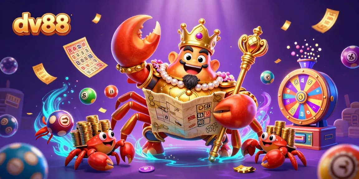 Experience the excitement of dv88 with a vibrant, lively illustration featuring an emperor crab and winning lottery elements.
