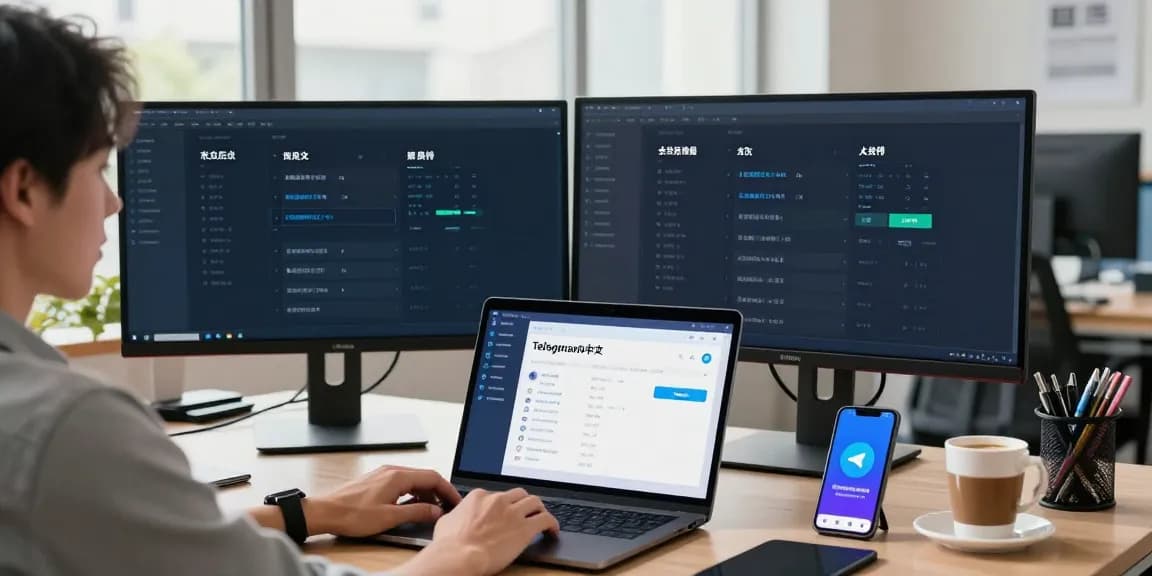 将Telegram中文设置为简体或繁体中文的用户界面，展示清晰的应用程序和设备。