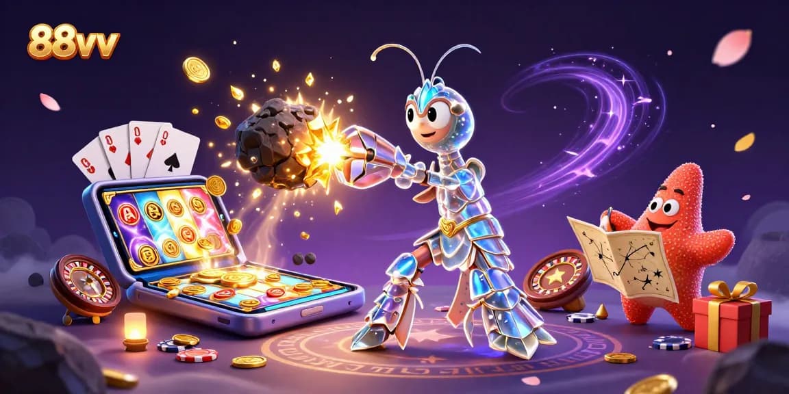 A vibrant scene showcasing 88vv with a samurai mantis shrimp, dynamic casino gaming elements.