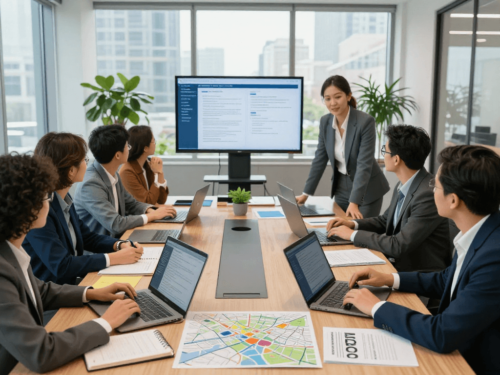 Engaged team of public administrators enhancing Datenschutz und Barrierefreiheit for Öffentliche und gemeinnützige Einrichtungen Kommunen in a modern office.