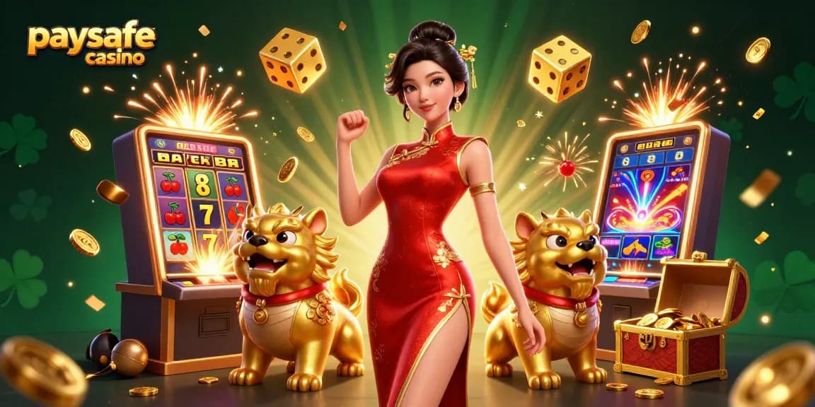 Erleben Sie den Nervenkitzel des Paysafe Card Casinos mit einer aufregenden Szene voller lebendiger Charaktere und Casino-Elemente.