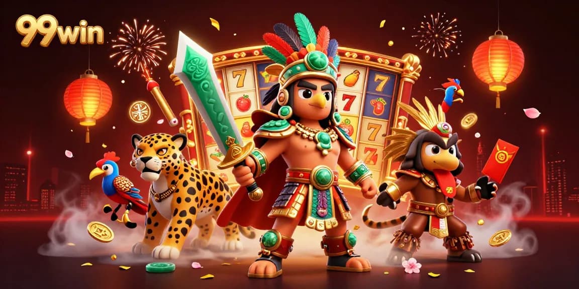 Win big at 99win with an illustrated 3D Aztec-themed casino action scene featuring slot games