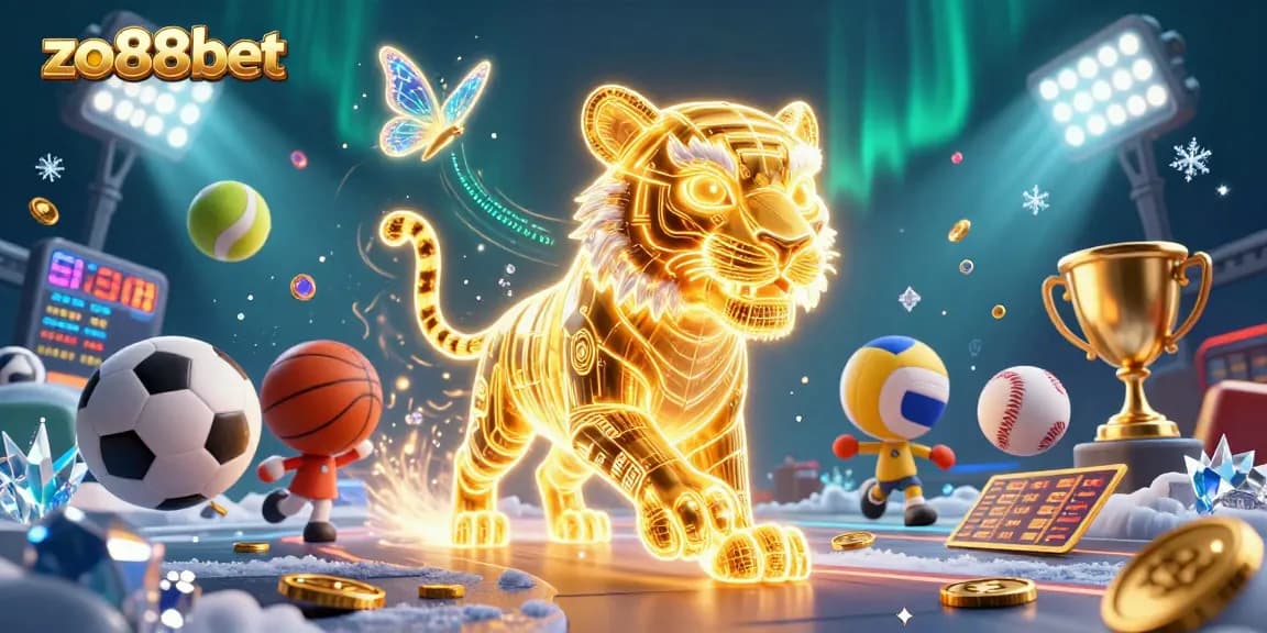 Experience the excitement of zo88bet with a vivid digital casino landscape showcasing sports elements and a magical tiger.