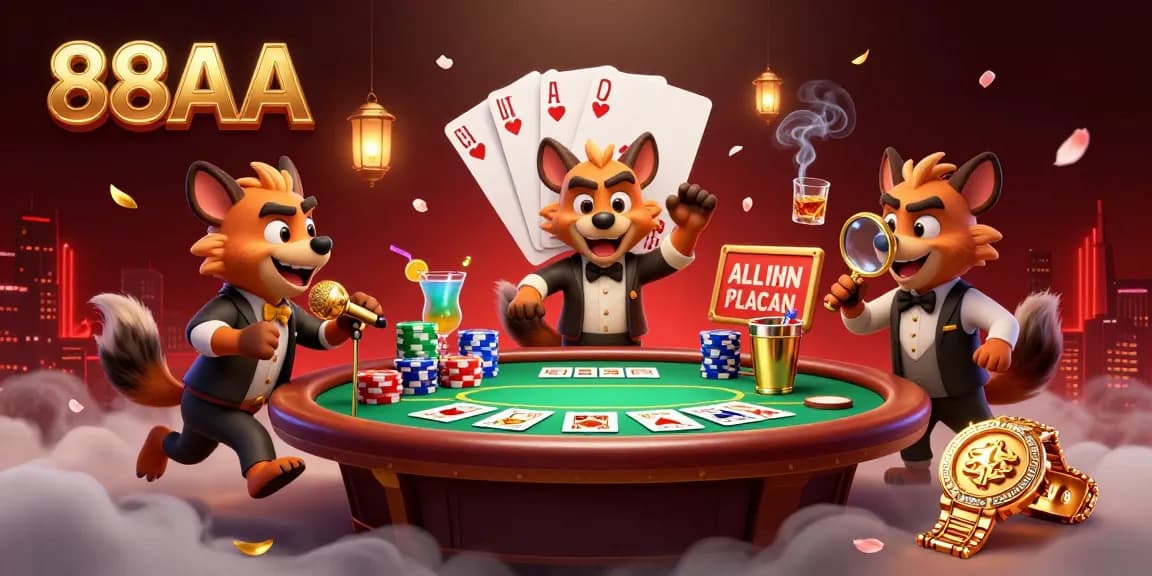 Experience the excitement of 88AA with a lively comedy casino scene, featuring hyenas as entertainers and gamblers.
