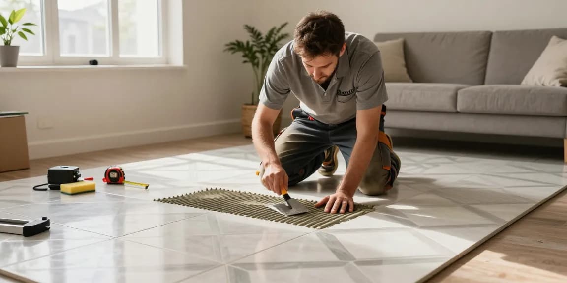 Fliesenleger Augsburg beim Verlegen eleganter Keramikfliesen im modernen Wohnraum, handwerkliche Präzision in warmem Licht.