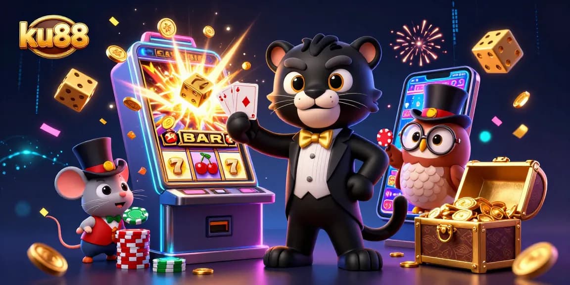 Engage with ku88 through a vibrant casino scene featuring a stylish panther and lucky owl.