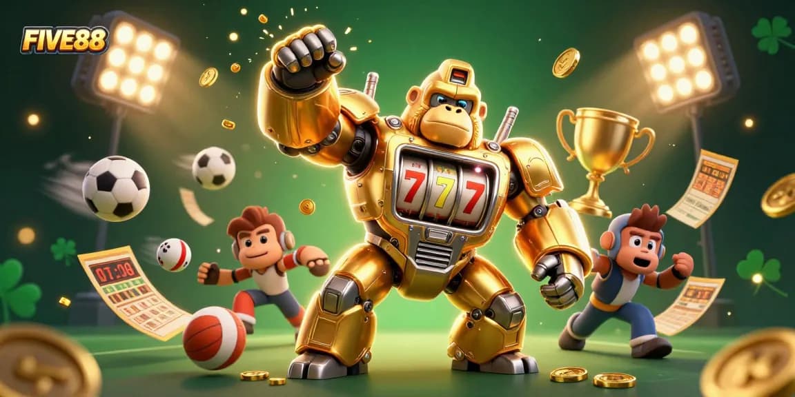Experience FIVE88's gaming excitement with a vibrant 3D gorilla mech celebrating victories.