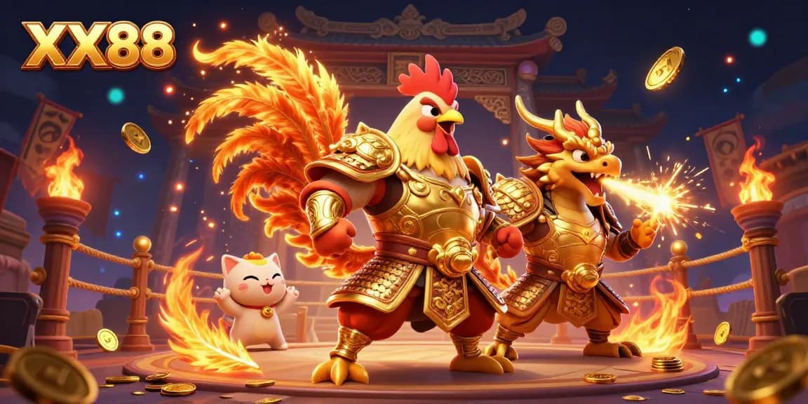 Engage with the thrilling XX88 rooster warrior and dragon hatchling in a vibrant gambling arena.