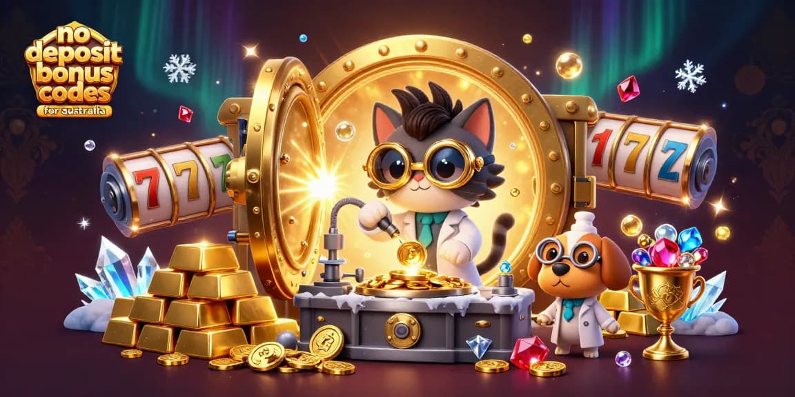 No deposit bonus codes for australia highlighting a dynamic casino scene with vibrant characters and rich rewards.