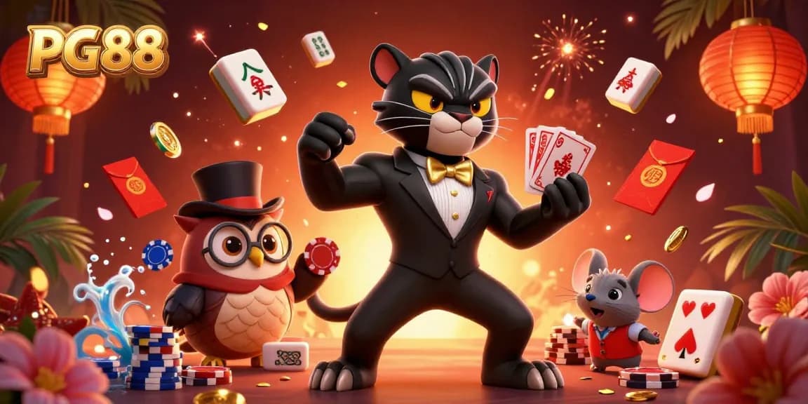 Engage in excitement at PG88 with a stylish panther dealer and playful owl amidst dynamic casino elements.