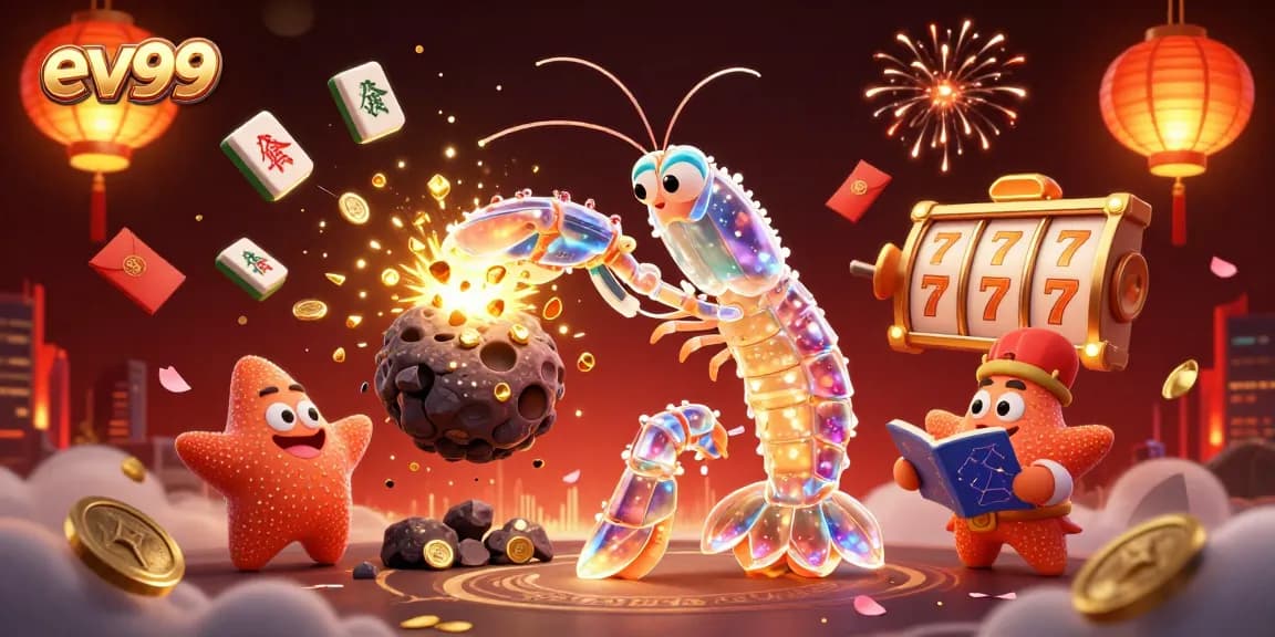 ev99 showcases a galactic samurai mantis shrimp engaging players with a casino atmosphere in a vibrant scene.