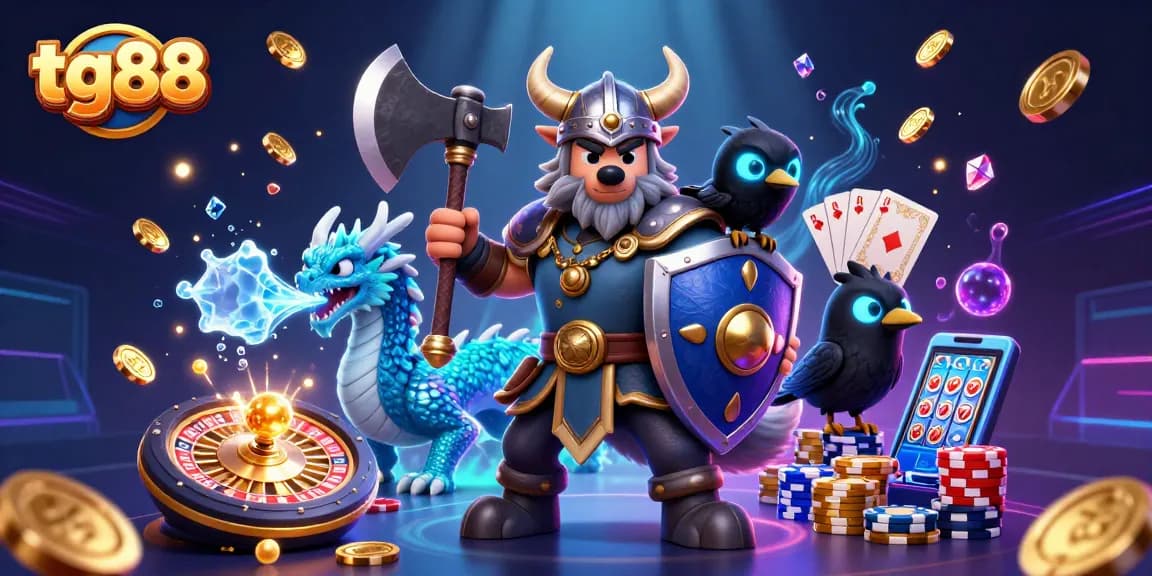 Spin the reels at tg88 with vivid gaming illustrations featuring Viking warriors and dragons.