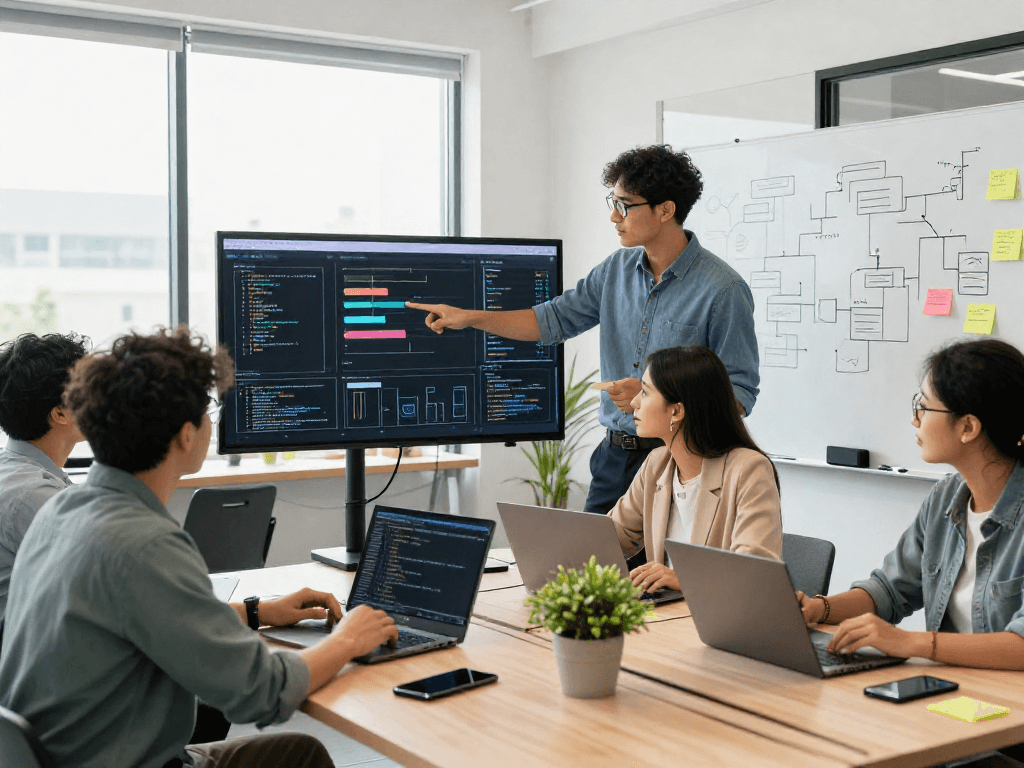 DEWI111 code collaboration scene with developers brainstorming in a bright office, showcasing teamwork and innovation.