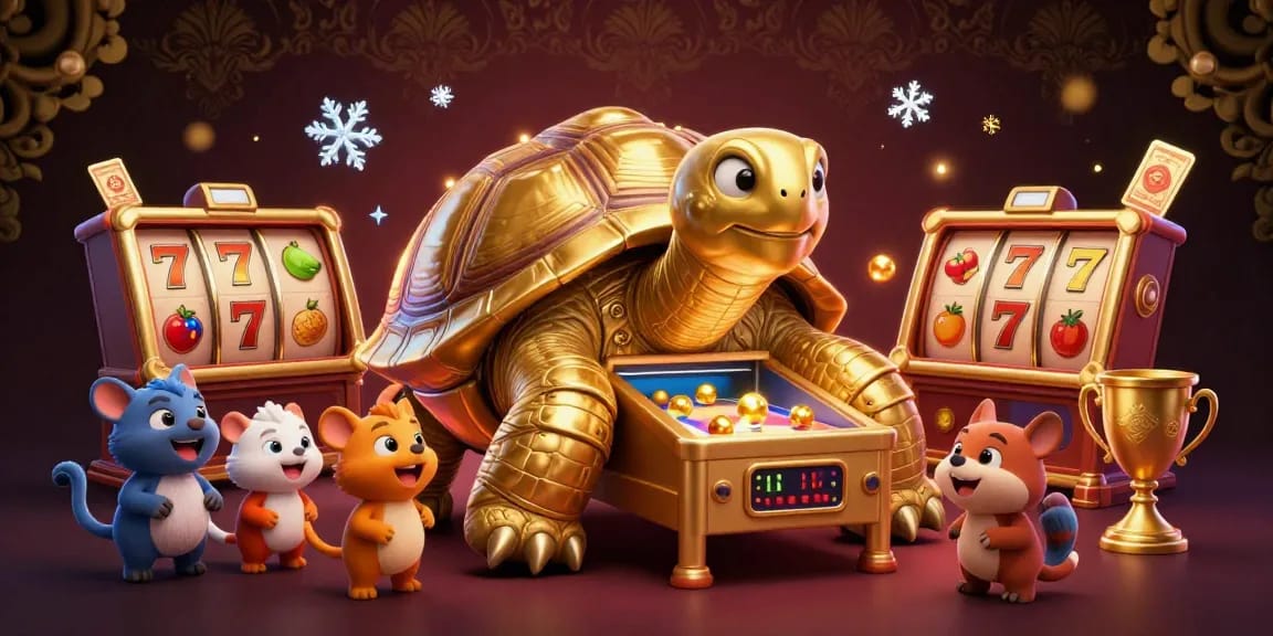 Engage with motchill's thrilling slot casino action featuring a golden tortoise pinball machine.