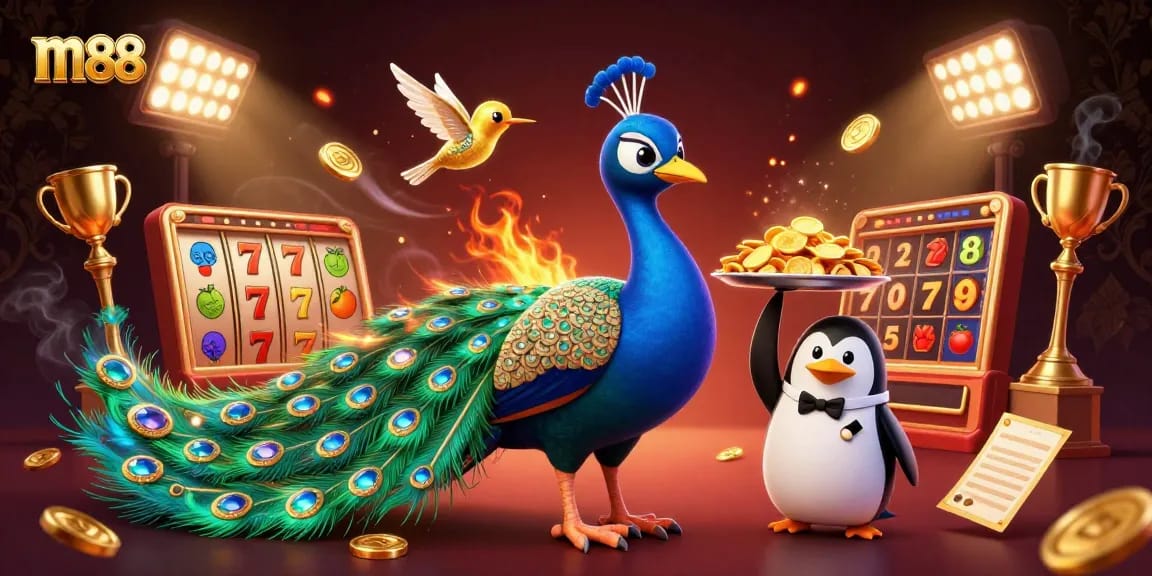 Spin to win with m88, showcasing a vibrant casino atmosphere with a peacock and golden elements.
