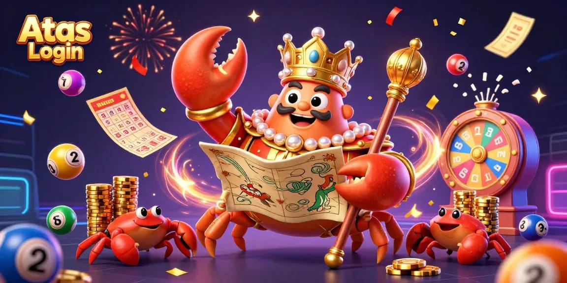 Engage in exciting gameplay with Atas Login, featuring a golden crab emperor and dynamic casino elements.