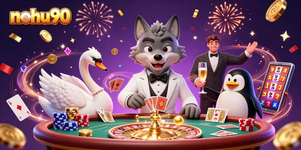 Engage with nohu90's exciting casino scene featuring a charming wolf, swan, and penguin amid dazzling game elements.