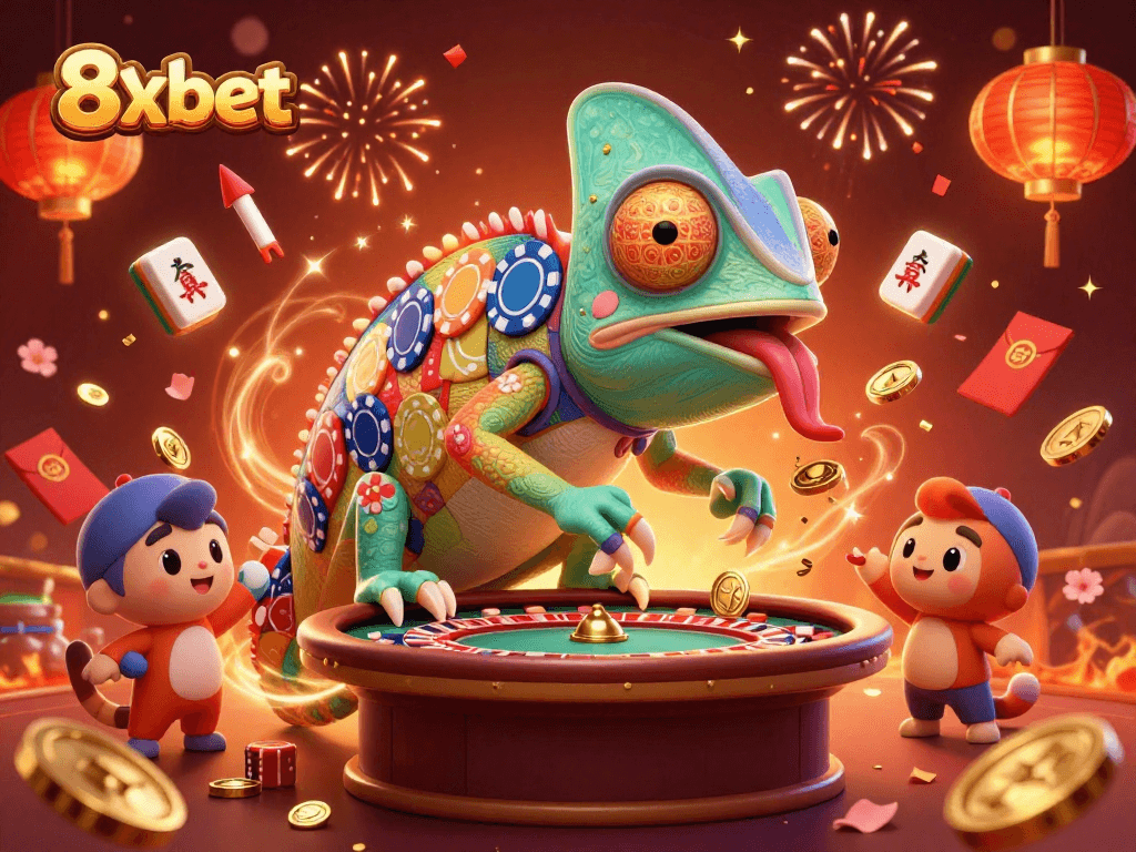 Engage in thrilling games at 8xbet, where a vibrant chameleon owner welcomes you to a dynamic casino experience.