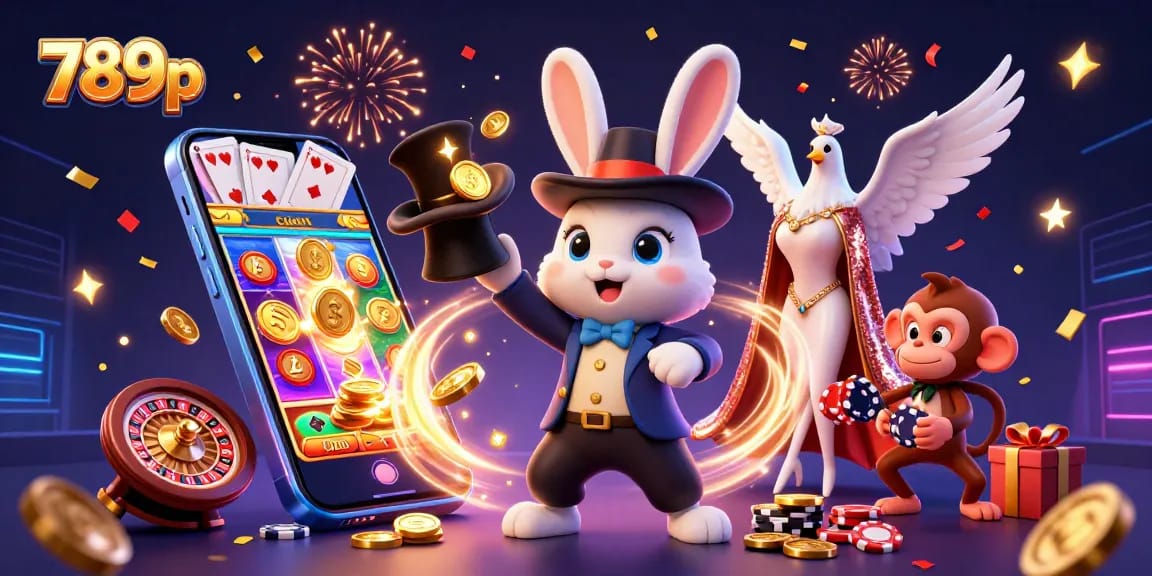 Experience the magic of winning with 789p's entertaining casino scene featuring slot games and poker action.
