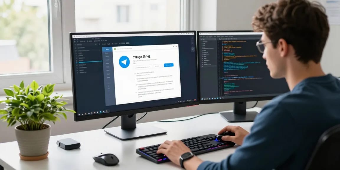 Guide to setting Telegram中文 in a tech workspace, featuring customization setup with vibrant ambiance.