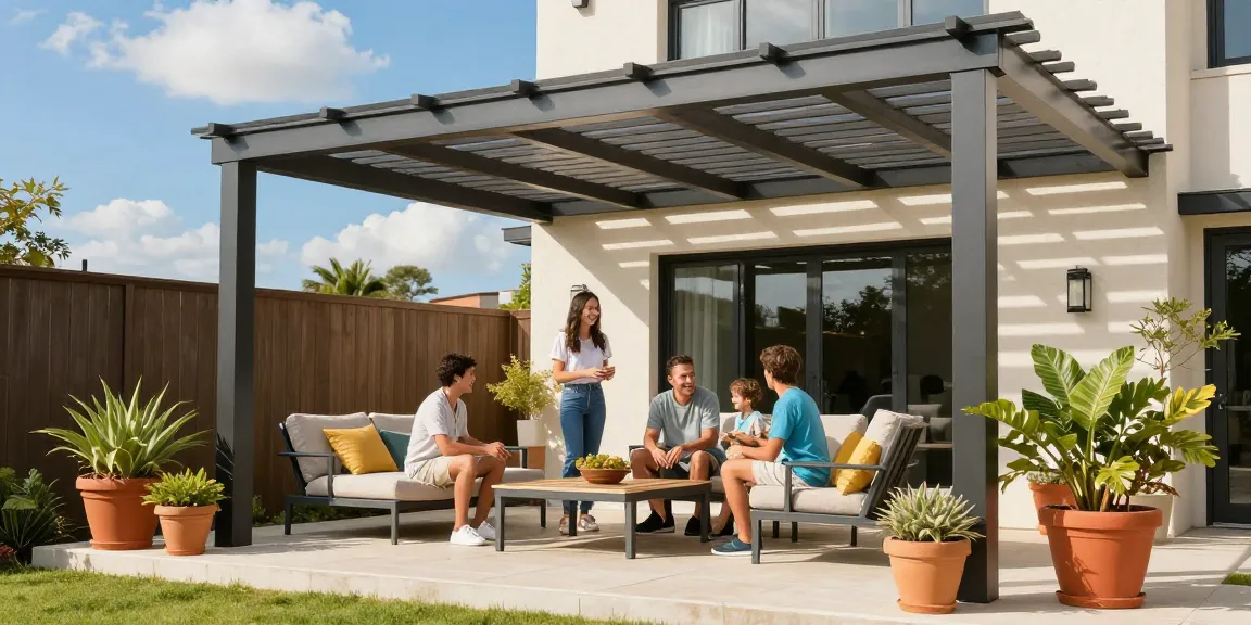 Terrassenüberdachung aus Aluminium mit Familie auf der Terrasse bei Sonnenlicht