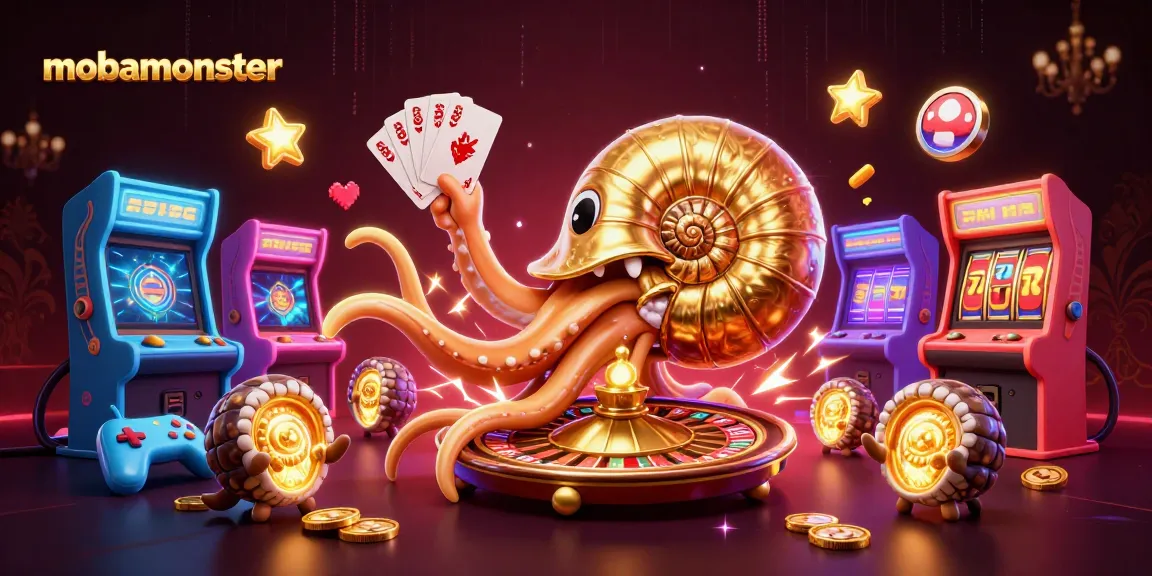 Play slot games with mobamonster in a vibrant, interactive casino-themed illustration.