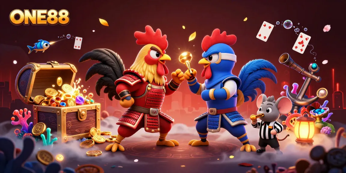 Engage with the ONE88 casino experience, featuring a dramatic showdown between samurai and ninja roosters.