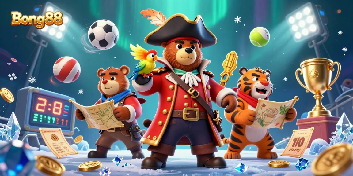 Bong88 brings excitement with an adventurous bear captain, dynamic sports betting elements, and vibrant visuals.
