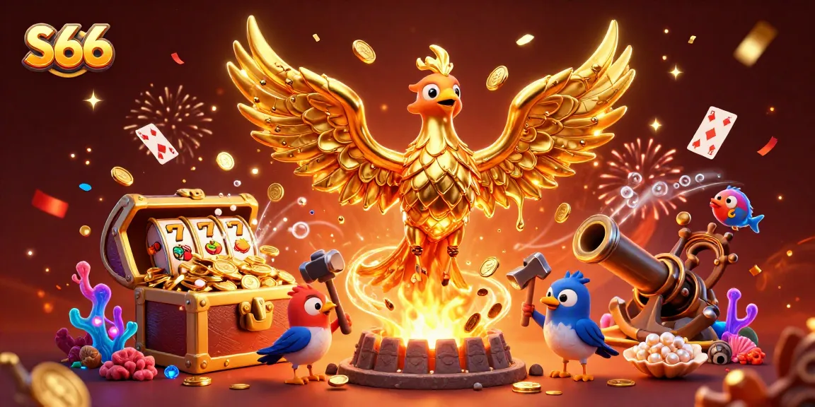 Experience lively gaming with S66, featuring a molten phoenix and exciting slot elements celebrating big wins.